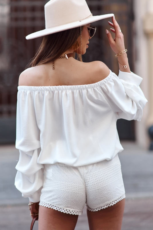 White Off-Shoulder Pleated Sleeve Sweatshirt LC25116236-1