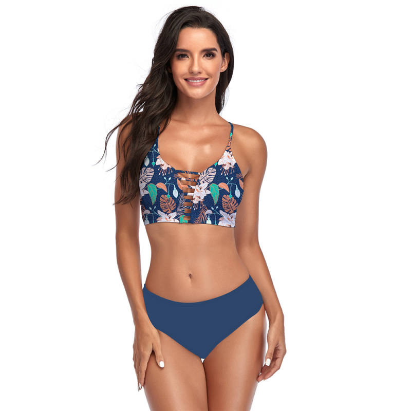 Floral Navy Blue Hollow Out Bikini Set TQK610188-34