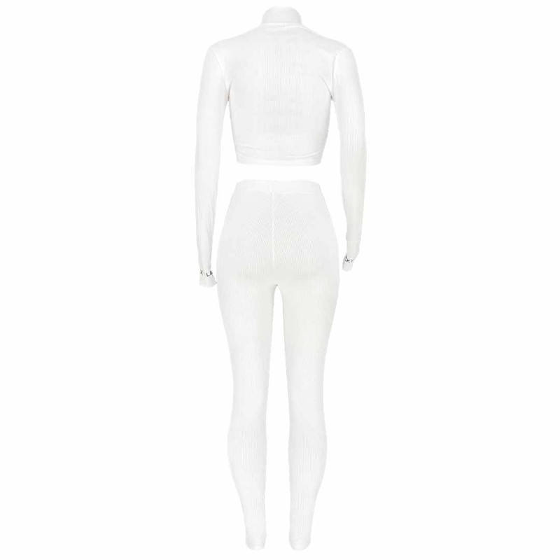 White Cotton Blend Zipper Datail Long Sleeve Top with Pant Set TQK710132-1