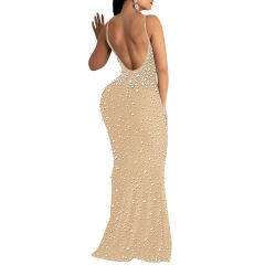 Apricot Rhinestone Open Back Mermaid Maxi Dress TQK311126-18