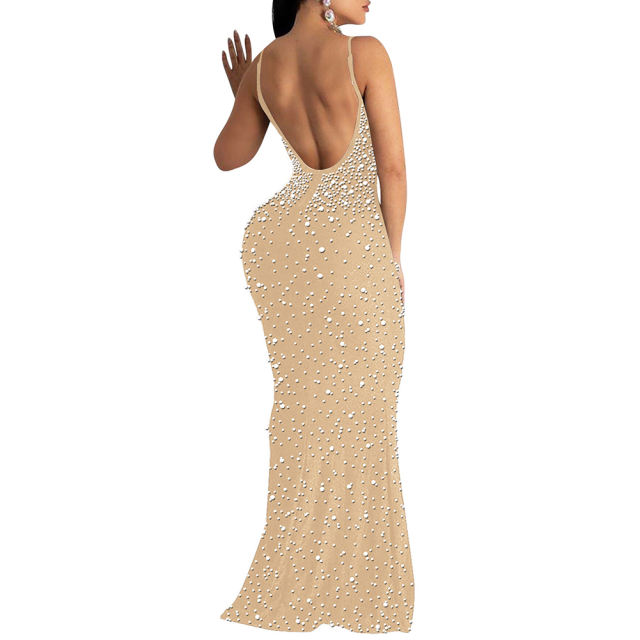 Apricot Rhinestone Open Back Mermaid Maxi Dress TQK311126-18