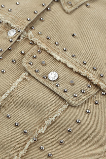 Khaki Frayed Trim Rivet Denim Jacket LC788104-16