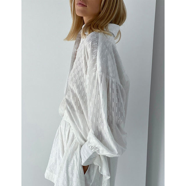 White Hollow-out Jacquard Long Sleeve Shirt with Shorts Set TQF711040-1