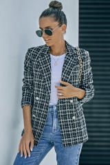 Black Lapel Collar Plaid Tweed Double Breasted Blazer LC852400-2