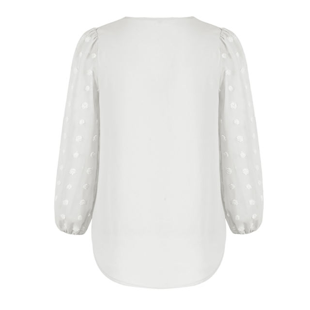 White V Neck Chiffon Long Sleeve Blouse TQK210640-1
