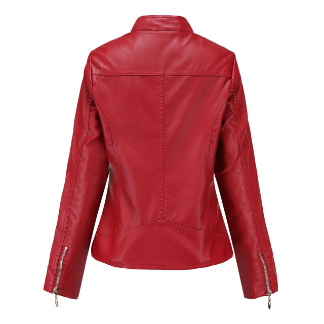 Red Classic Style Stand Collar PU Leather Jacket TQK280092-3