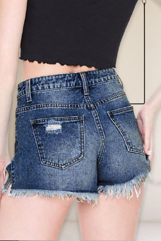 Dark Blue Lace Patches Ripped Denim Shorts LC781945-5