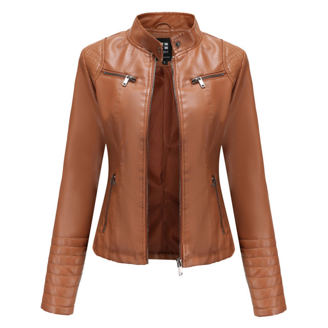 Camel Zipper Pockets Long Sleeve PU Leather Jacket TQK280093-58