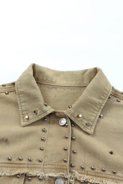 Khaki Frayed Trim Rivet Denim Jacket LC788104-16