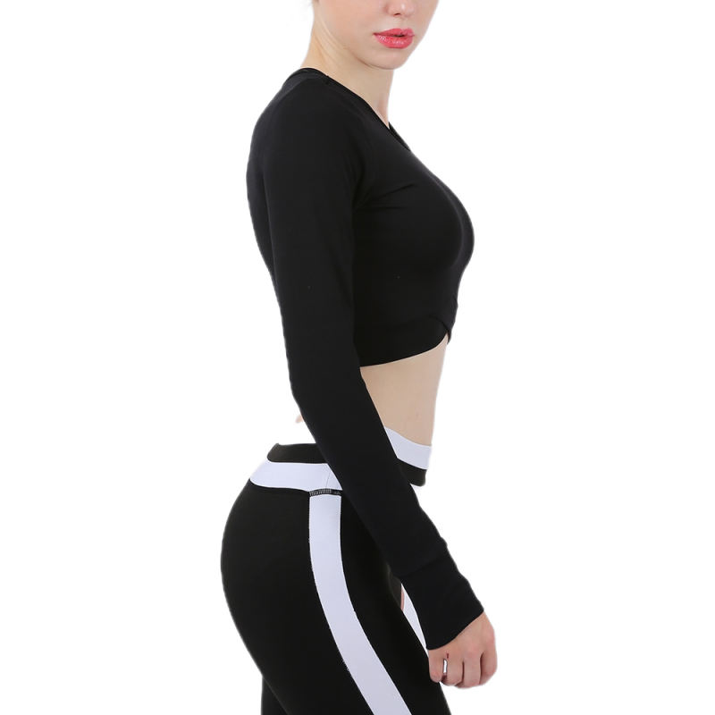 Black Cross Hem Long Sleeve Sportswear Crop Tops TQE29054-2