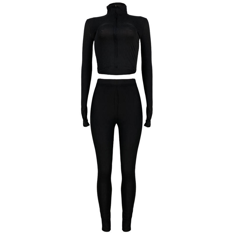 Black Cotton Blend Zipper Datail Long Sleeve Top with Pant Set TQK710132-2