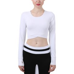 White Cross Hem Long Sleeve Sportswear Crop Tops TQE29054-1