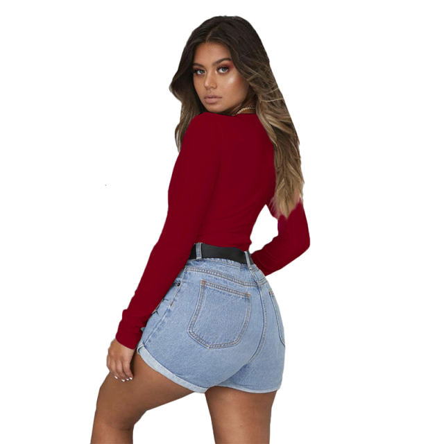 Wine Red Deep V Long Sleeve Bodysuit TQK550156-103