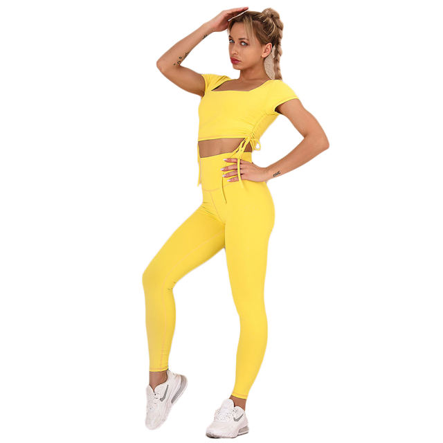 Yellow Sides Drawstring Short Sleeve Yoga Pant Set TQK710243-7
