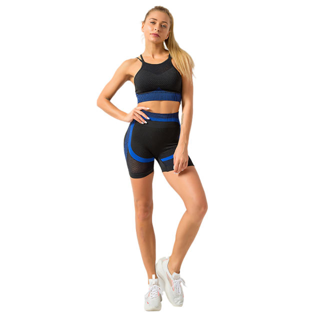 Blue Splice Black Sports Bra With Shorts Set TQK710234-5