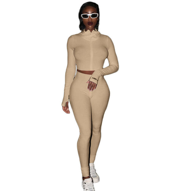 Khaki Cotton Blend Zipper Datail Long Sleeve Top with Pant Set TQK710132-21