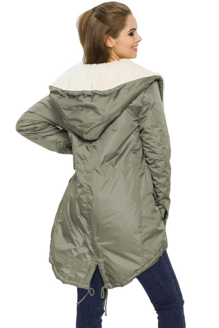 Khaki Asymmetric Hooded Fleece Winter Coat
