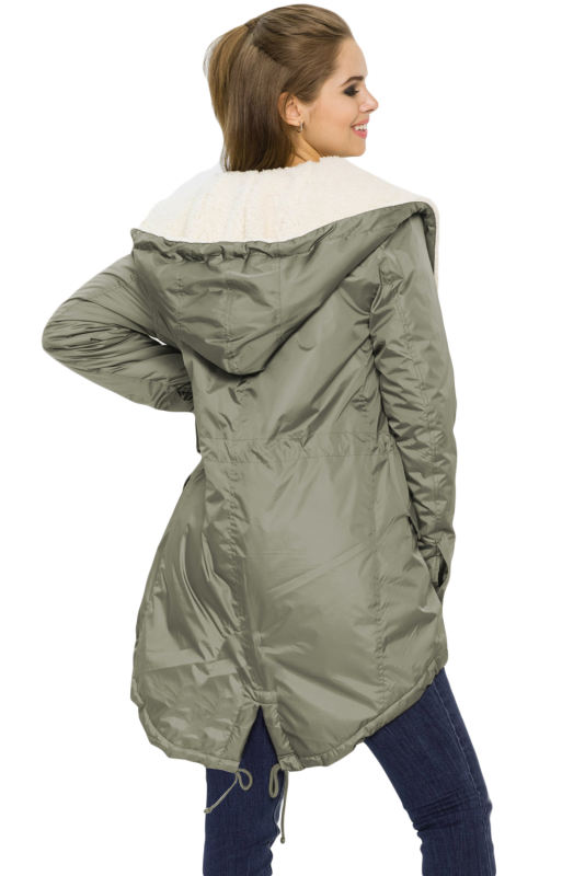 Khaki Asymmetric Hooded Fleece Winter Coat