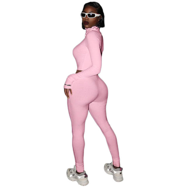 Light Pink Cotton Blend Zipper Datail Long Sleeve Top with Pant Set TQK710132-39