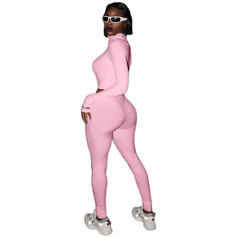 Light Pink Cotton Blend Zipper Datail Long Sleeve Top with Pant Set TQK710132-39