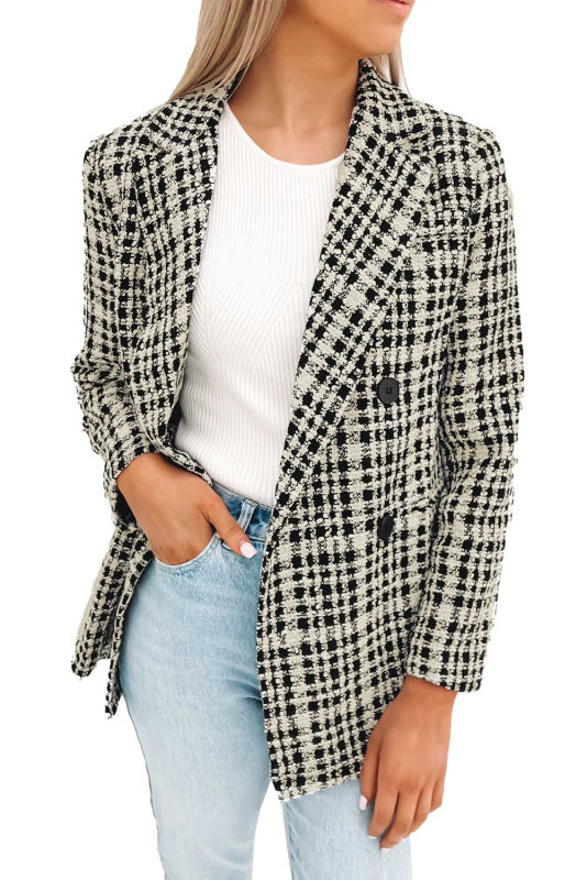Black White Lapel Collar Buttoned Gingham Tweed Blazer LC852392-2