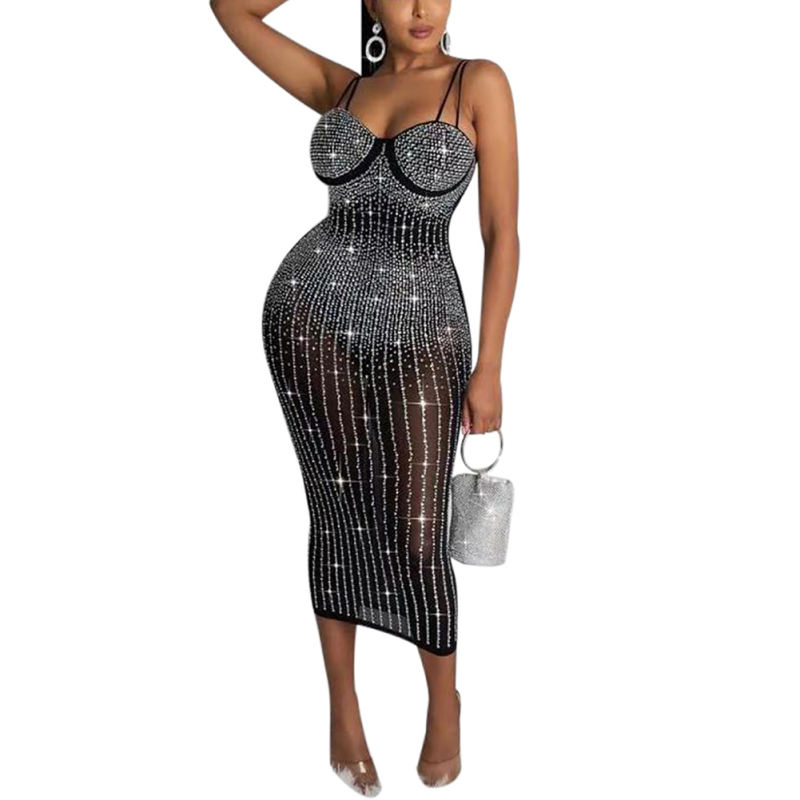 Black Mesh Rhinestone Plus Size Sling Dress TQK310775-2