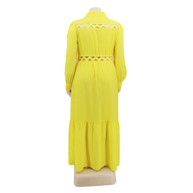 Solid Yellow Button Down Plus Size Dress TQK310446-7
