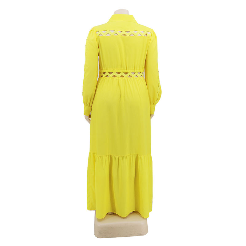 Solid Yellow Button Down Plus Size Dress TQK310446-7
