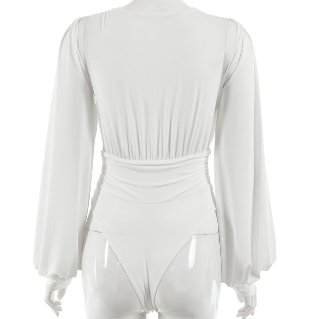 White Deep V Neck Pleated Long Sleeve Bodysuit TQK550214-1