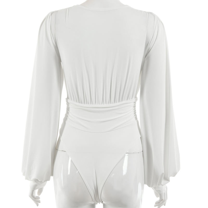White Deep V Neck Pleated Long Sleeve Bodysuit TQK550214-1