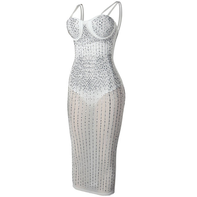 White Mesh Rhinestone Plus Size Sling Dress TQK310775-1