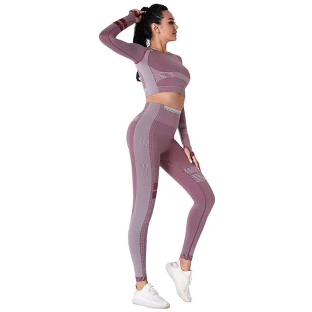 Wine Red Seamless Knit Long Sleeve Pant Yoga Set TQE91372-103