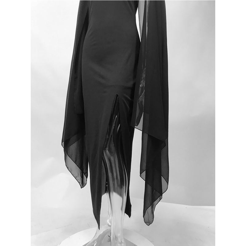 Black Crepe Flared Sleeve Bodycon Maxi Dress LCSN070-2