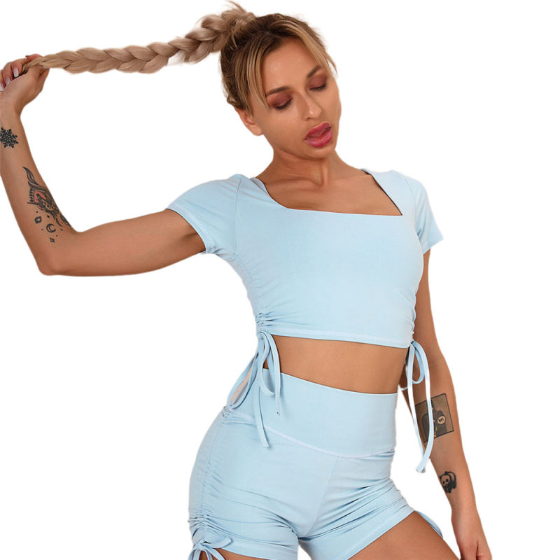 Light Blue Sides Drawstring Short Sleeve Yoga Short Set TQK710241-30