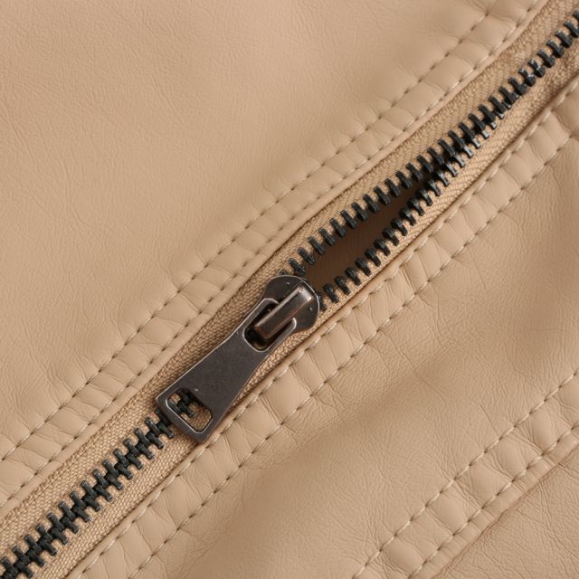 Khaki Zipper Slim Fit Motorcycle PU Leather Jacket TQK280090-21