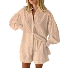 Khaki Hollow-out Jacquard Long Sleeve Shirt with Shorts Set TQF711040-21