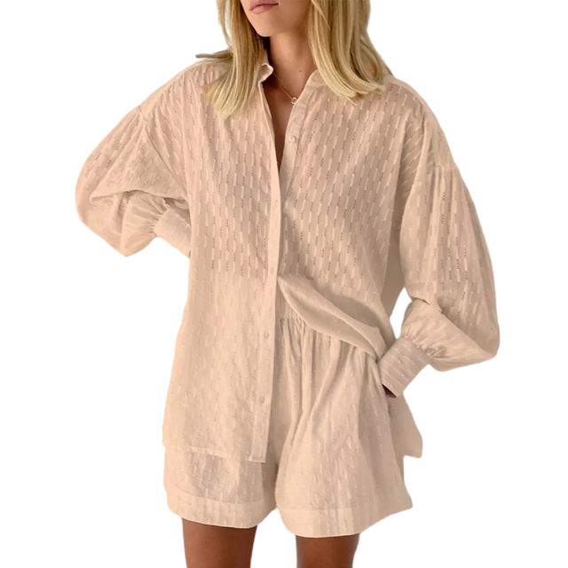 Khaki Hollow-out Jacquard Long Sleeve Shirt with Shorts Set TQF711040-21