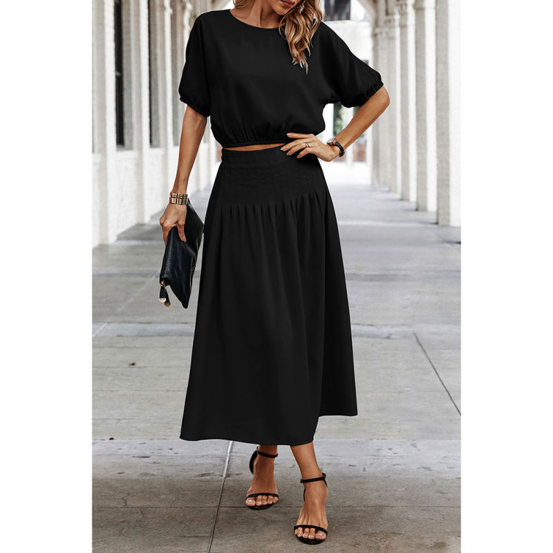 Black Pleated Crop Top with Skirt Set TQX711094-2