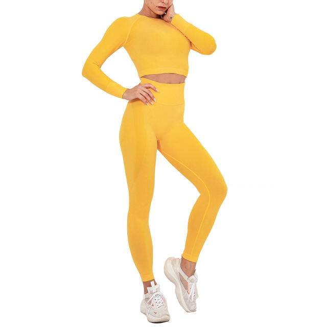 Yellow Seamless Long Sleeve Yoga Sports Set TQE00135-7