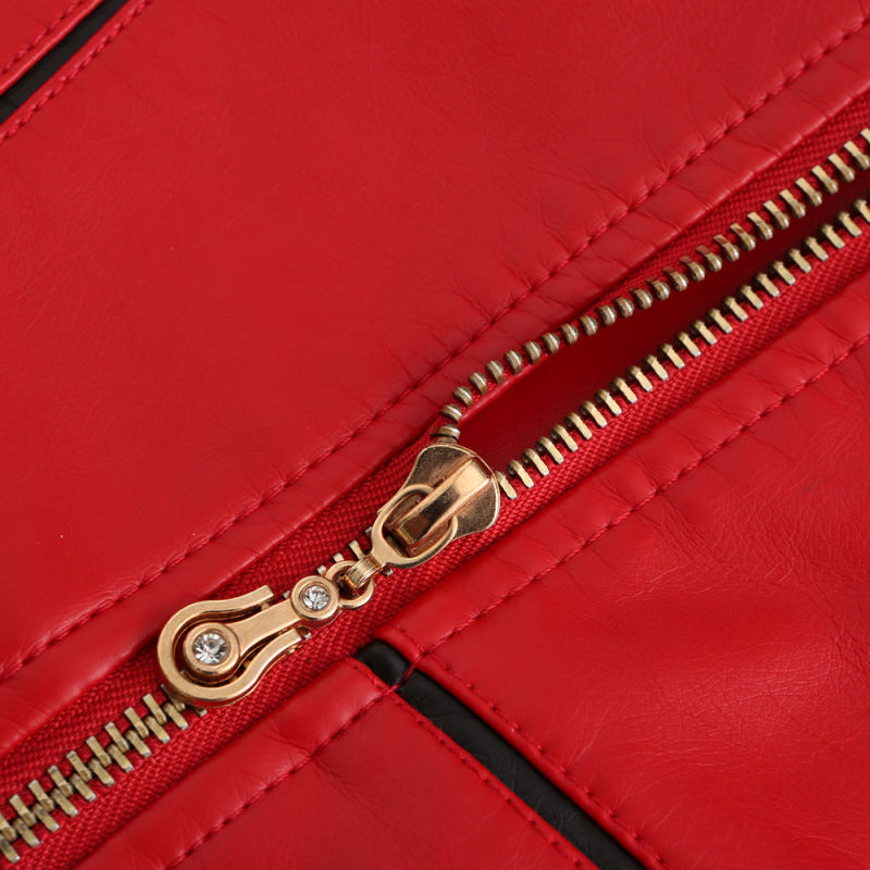 Red Turn Down Slim Fit PU Leather Jacket TQK280095-3
