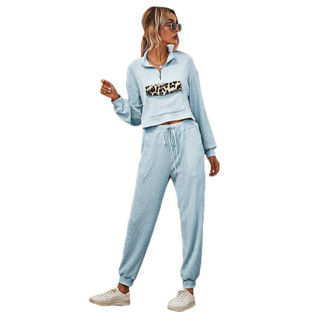 Light Blue Zipper Up Leopard Detail Sweatshirt with Pant Set TQK710222-30