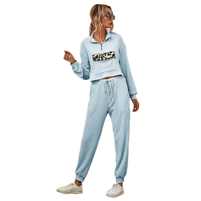 Light Blue Zipper Up Leopard Detail Sweatshirt with Pant Set TQK710222-30