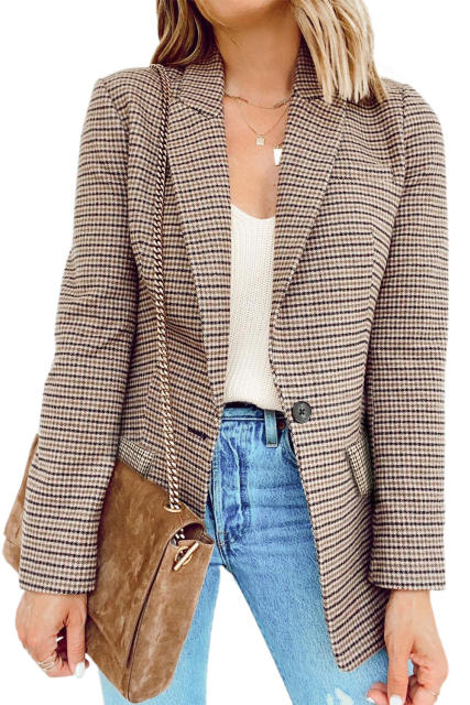 Khaki Plaid Print Lapel Collar Buttoned Blazer LC852187-16