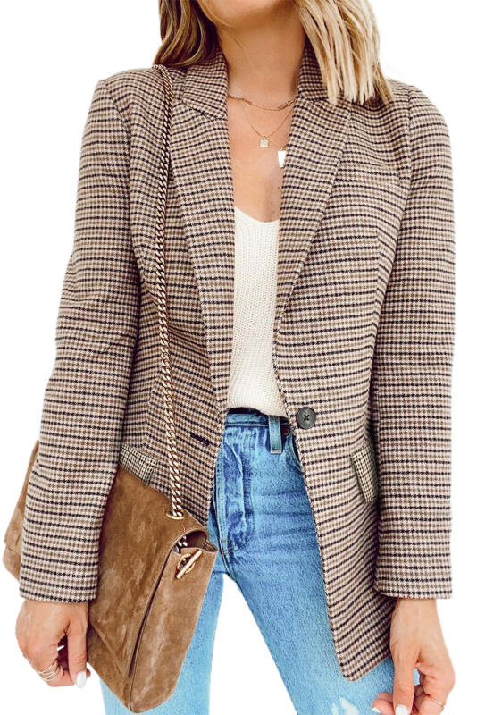 Khaki Plaid Print Lapel Collar Buttoned Blazer LC852187-16