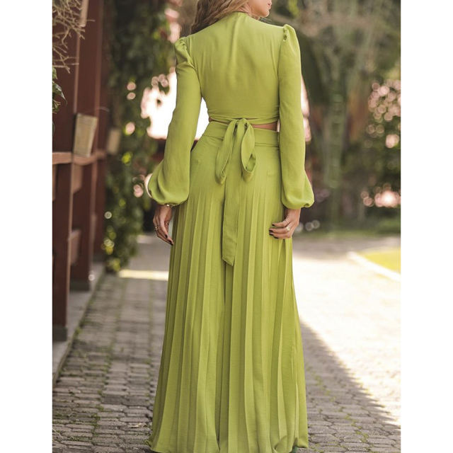 Green Long Sleeve Crop Shirt and Casual Pant Set TQF711037-9