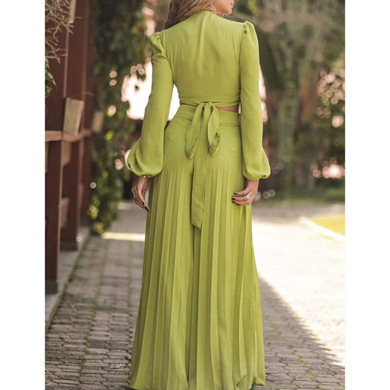 Green Long Sleeve Crop Shirt and Casual Pant Set TQF711037-9