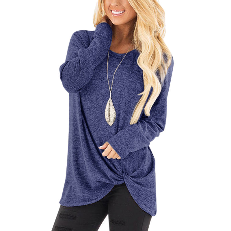 Blue Long Sleeve Side Twist Knotted Blouse
