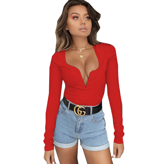 Red Deep V Long Sleeve Bodysuit TQK550156-3