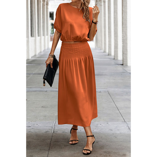 Orange Pleated Crop Top with Skirt Set TQX711094-14