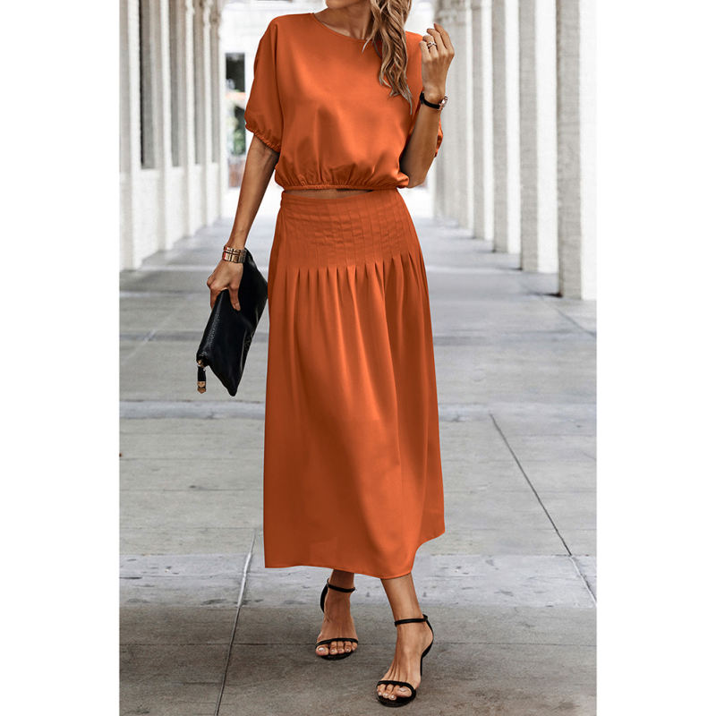 Orange Pleated Crop Top with Skirt Set TQX711094-14